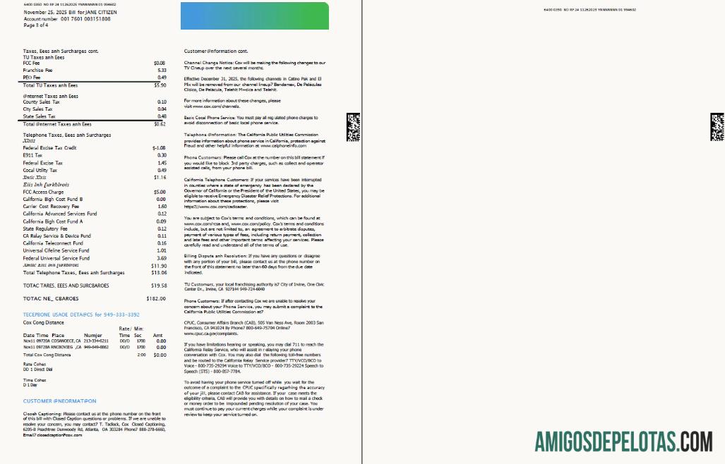 imprimível Modelo de conta de serviços públicos Cox dos EUA em formatos Word e PDF, 4 páginas, 3 4 páginas